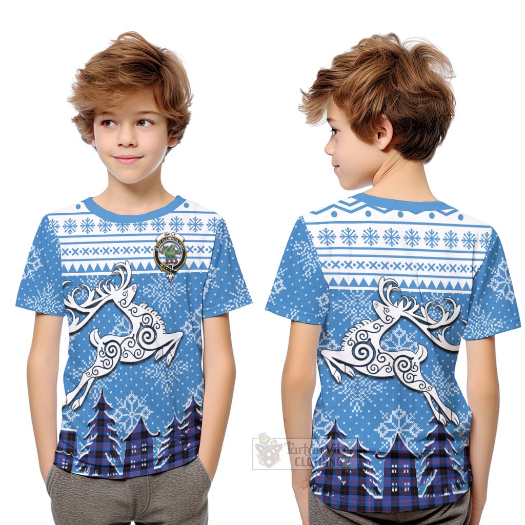 Tartan Vibes Clothing Maule Clan Christmas Kid T-Shirt Celtic Reindeer Style