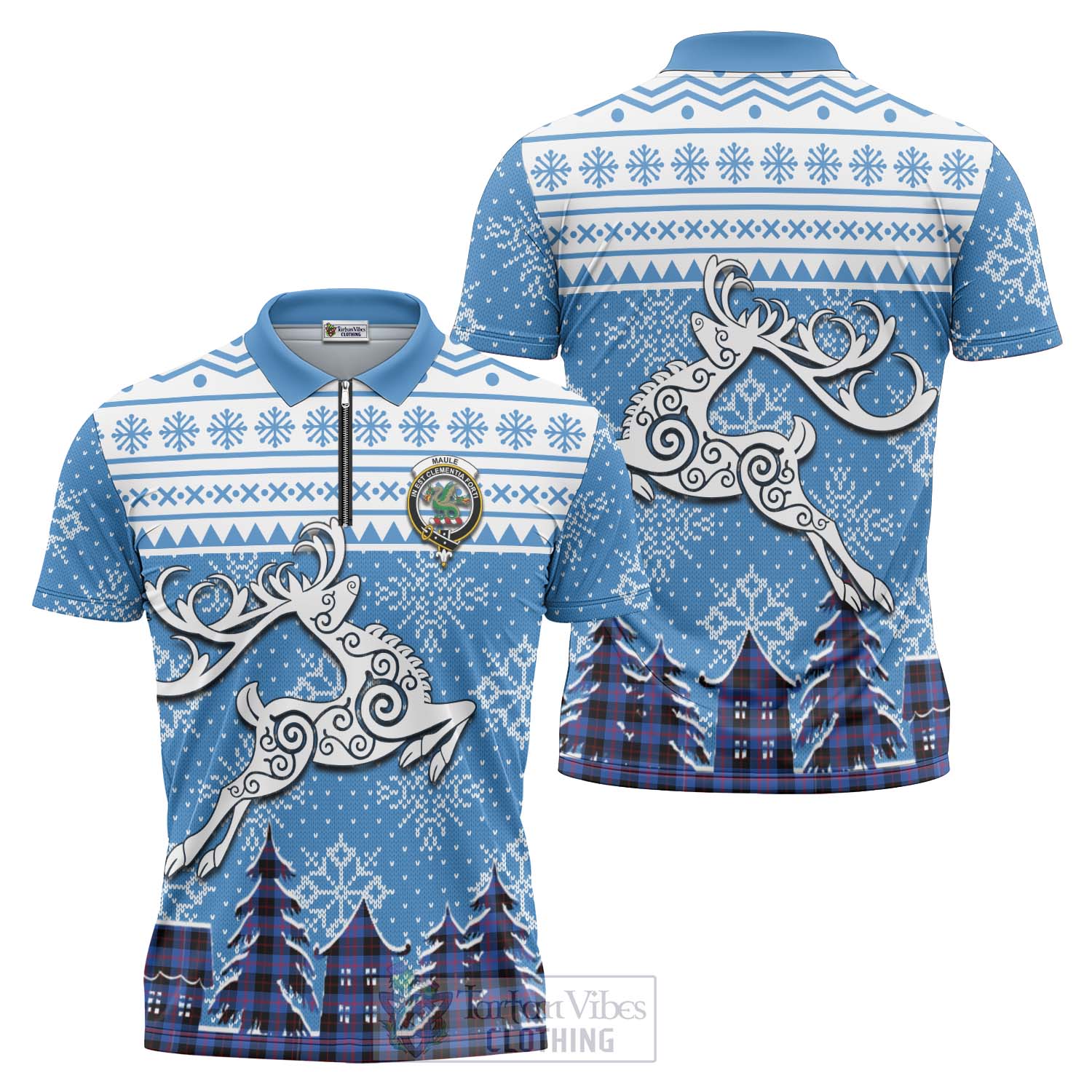 Tartan Vibes Clothing Maule Clan Christmas Zipper Polo Shirt Celtic Reindeer Style