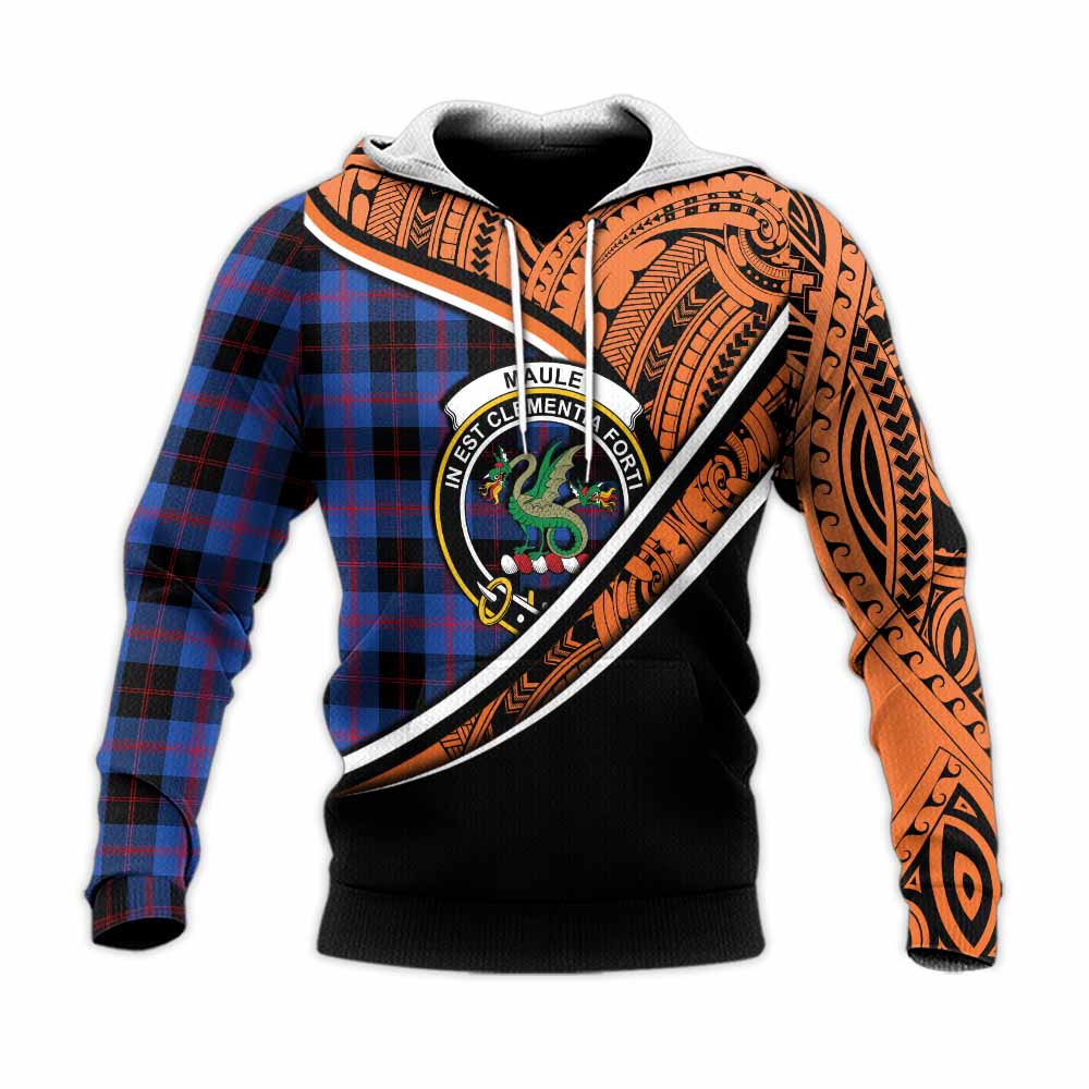 Tartan Vibes Clothing Maule Crest Tartan Knitted Hoodie with Maori Tattoo Style - Orange Version