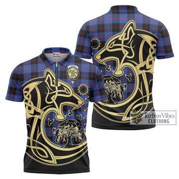 Maule Tartan Zipper Polo Shirt with Family Crest Celtic Wolf Style