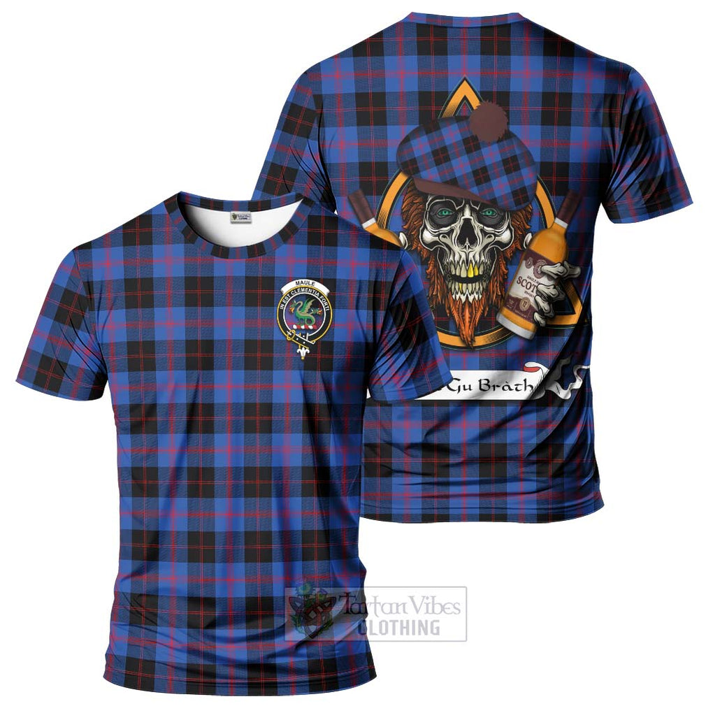 Tartan Vibes Clothing Maule Tartan T-Shirt with Family Crest and Bearded Skull Holding Bottles of Whiskey