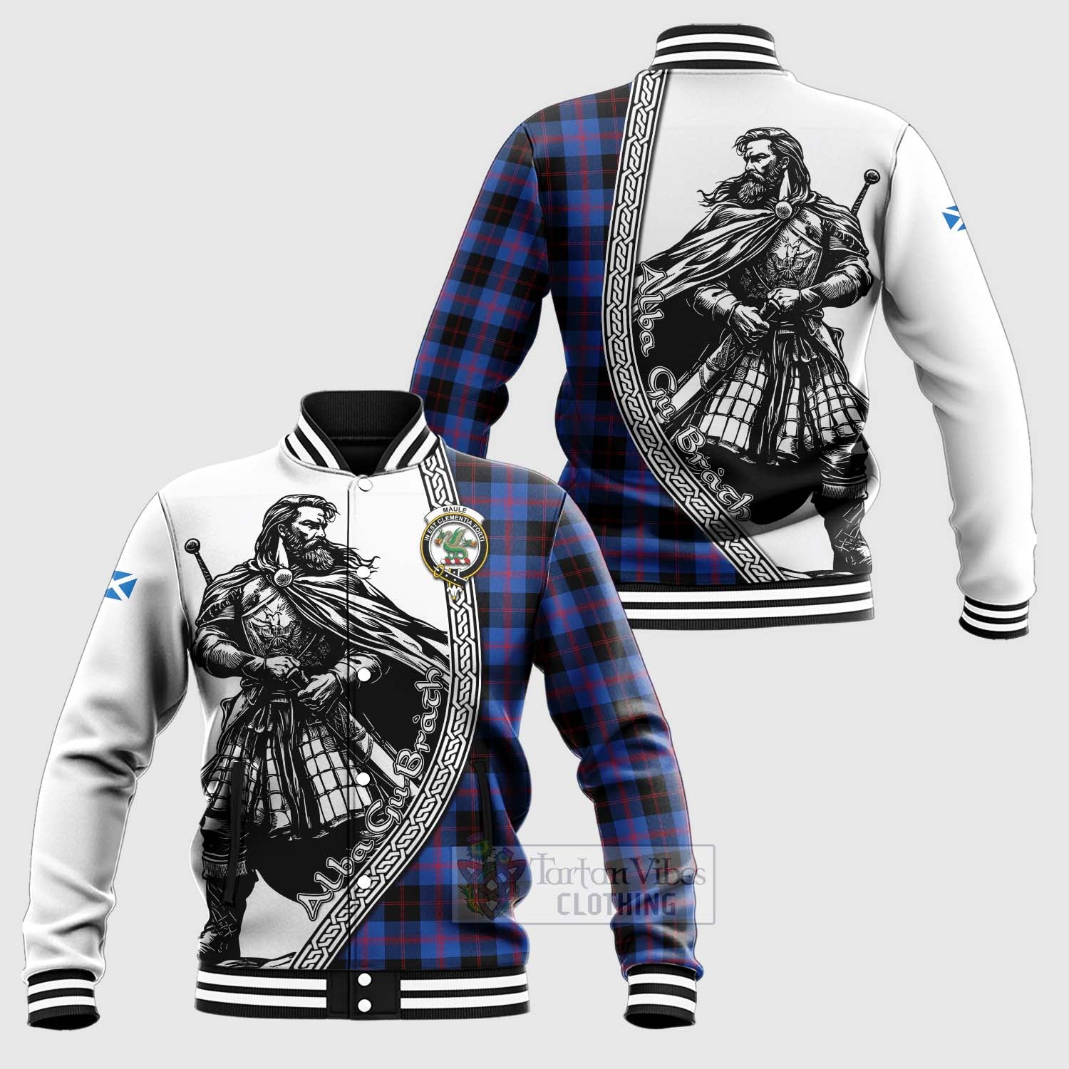 Tartan Vibes Clothing Maule Tartan Clan Crest Baseball Jacket with Highlander Warrior Celtic Style