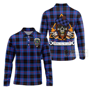 Maule Tartan Long Sleeve Polo Shirt with Family Crest and Bearded Skull Holding Bottles of Whiskey