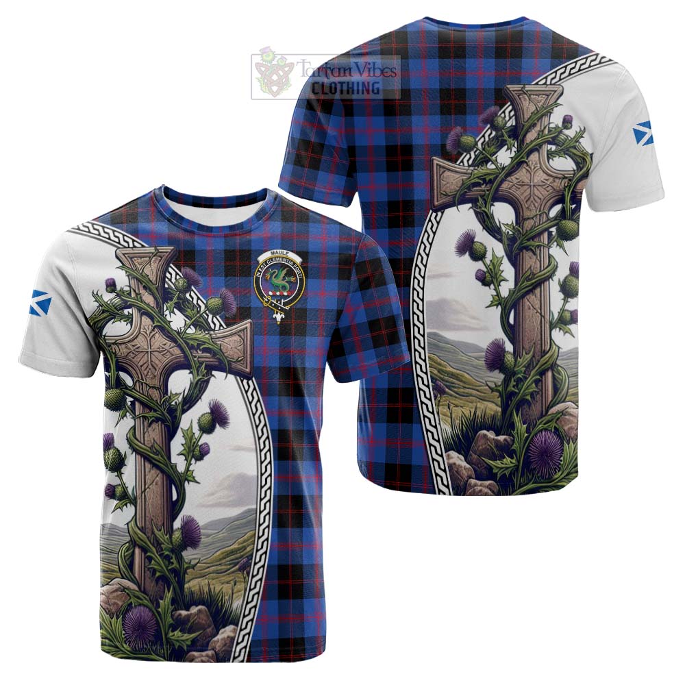 Tartan Vibes Clothing Maule Tartan Cotton T-shirt with Family Crest and St. Andrew's Cross Accented by Thistle Vines