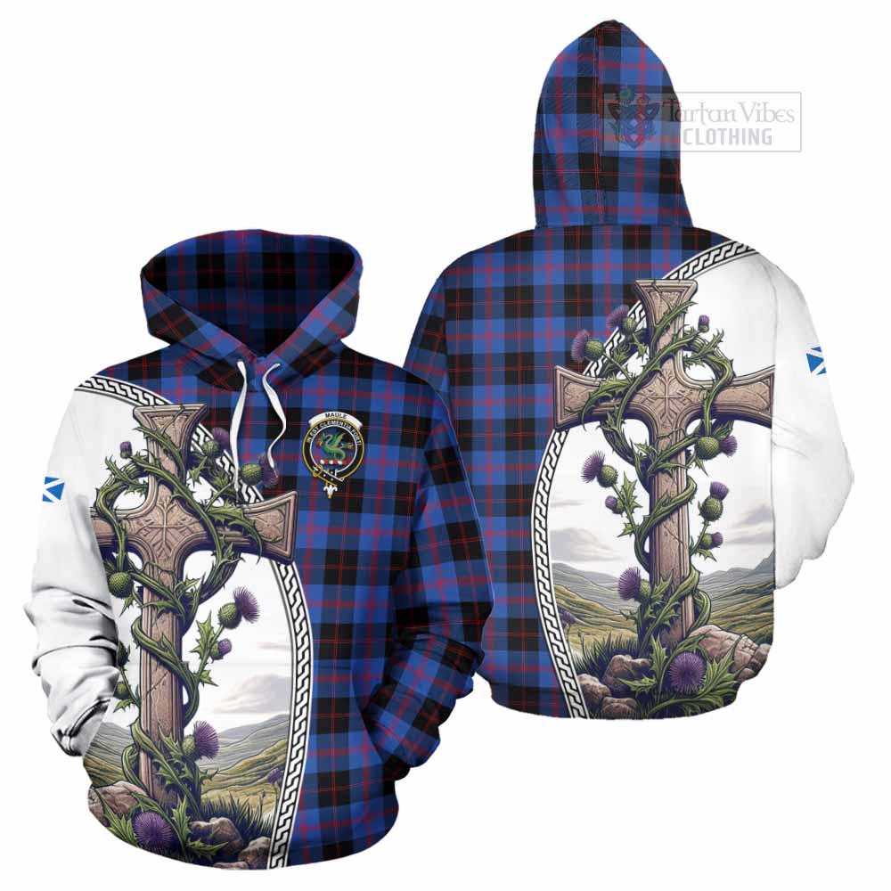 Tartan Vibes Clothing Maule Tartan Hoodie with Family Crest and St. Andrew's Cross Accented by Thistle Vines