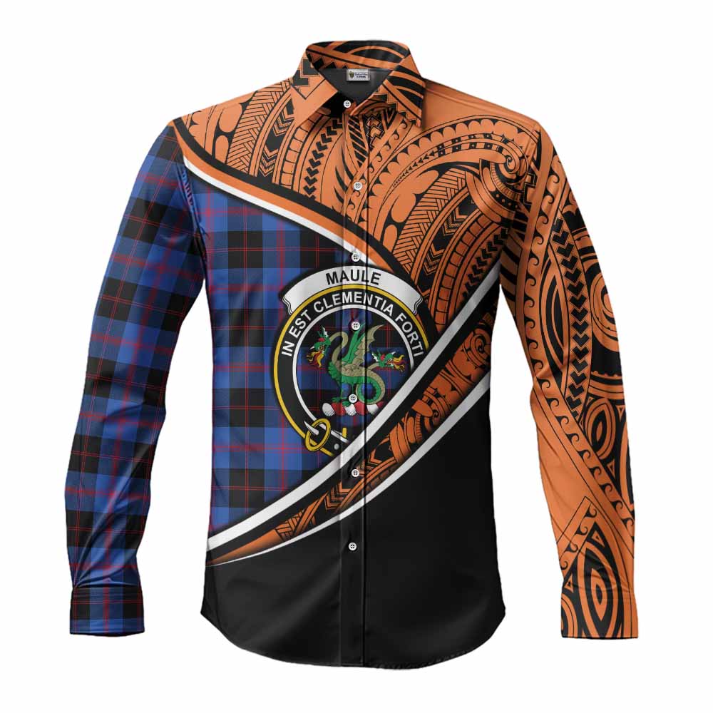 Tartan Vibes Clothing Maule Crest Tartan Long Sleeve Button Shirt with Maori Tattoo Style - Orange Version