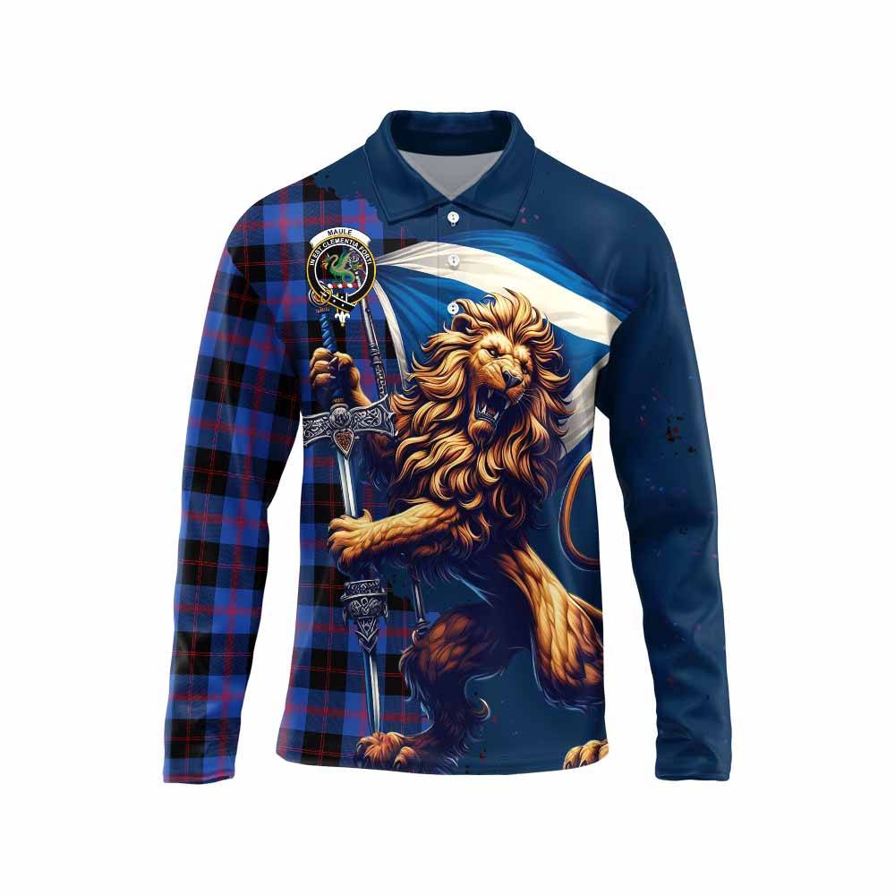 Tartan Vibes Clothing Maule Tartan Family Crest Long Sleeve Polo Shirt with Scottish Majestic Lion