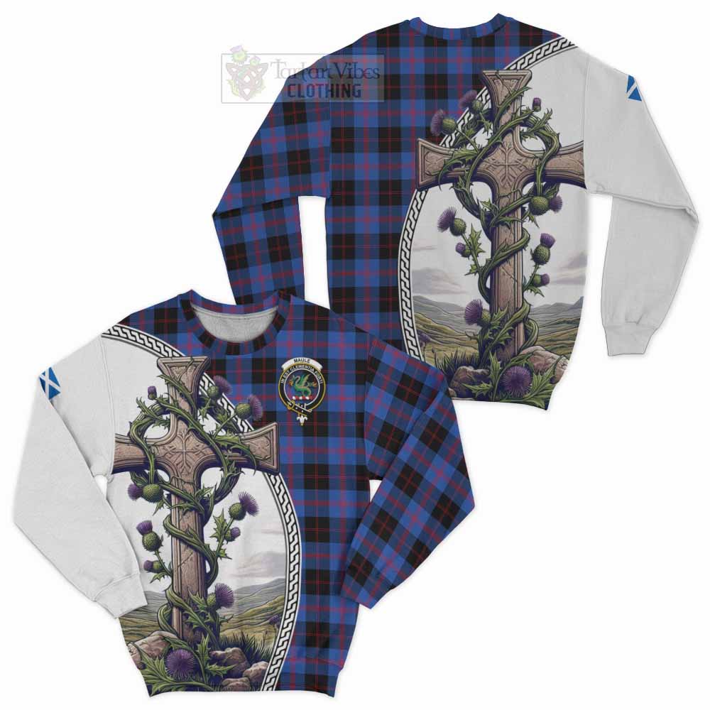 Tartan Vibes Clothing Maule Tartan Sweatshirt with Family Crest and St. Andrew's Cross Accented by Thistle Vines