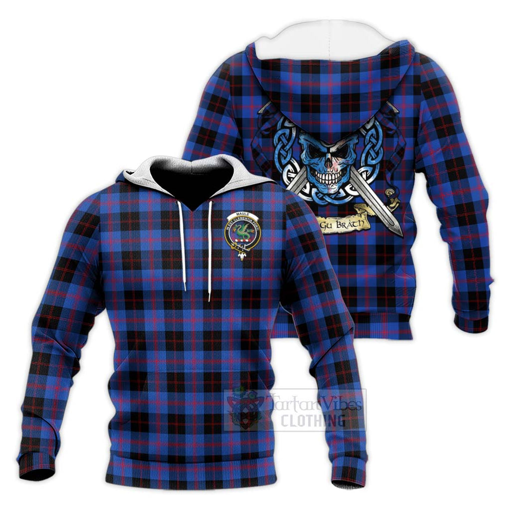 Tartan Vibes Clothing Maule Tartan Knitted Hoodie with Family Crest Celtic Skull Style