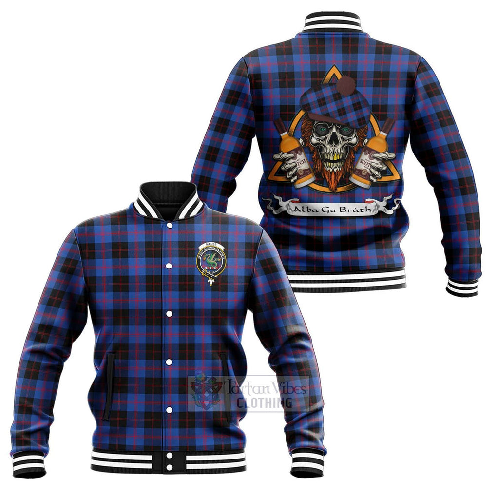 Tartan Vibes Clothing Maule Tartan Baseball Jacket with Family Crest and Bearded Skull Holding Bottles of Whiskey