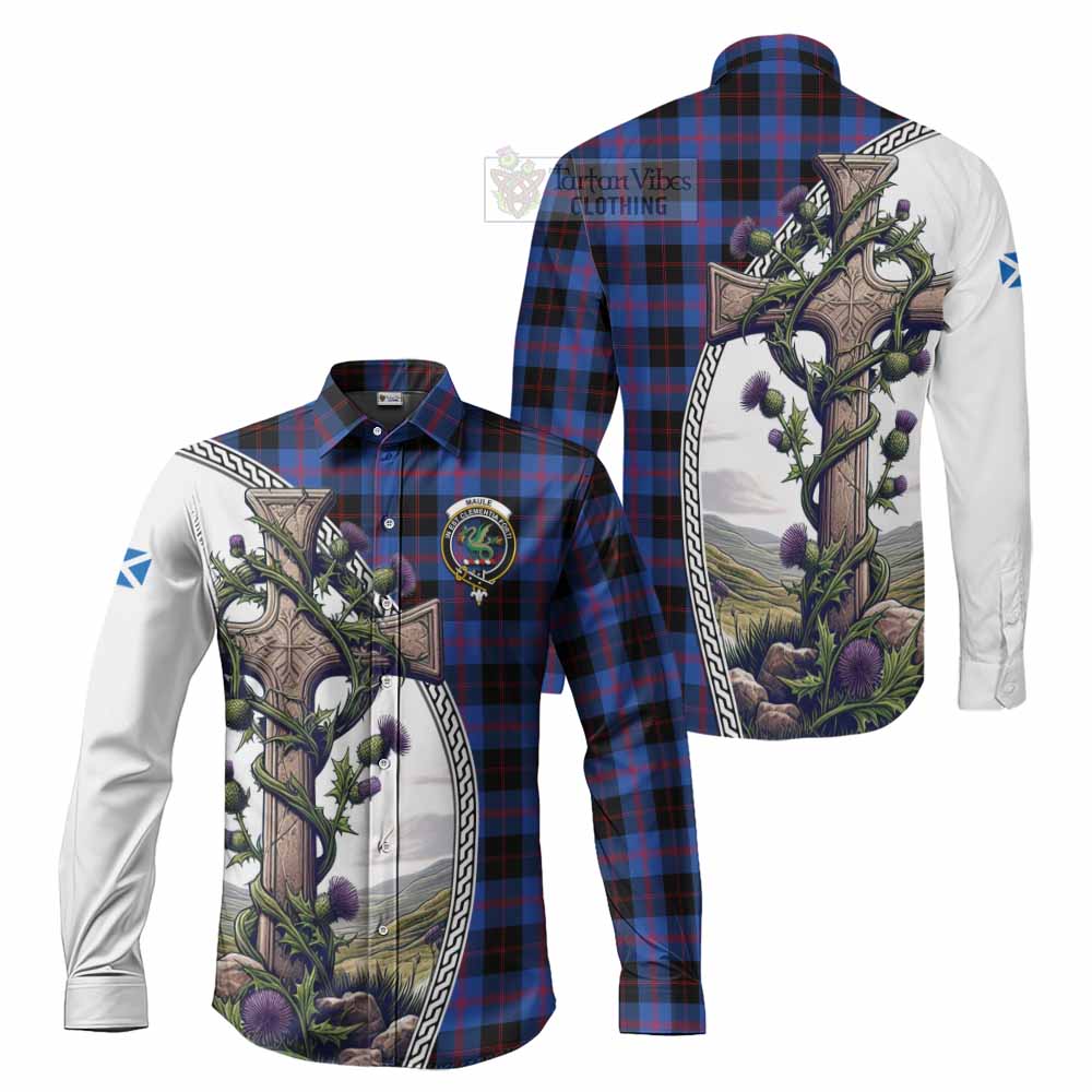 Tartan Vibes Clothing Maule Tartan Long Sleeve Button Shirt with Family Crest and St. Andrew's Cross Accented by Thistle Vines