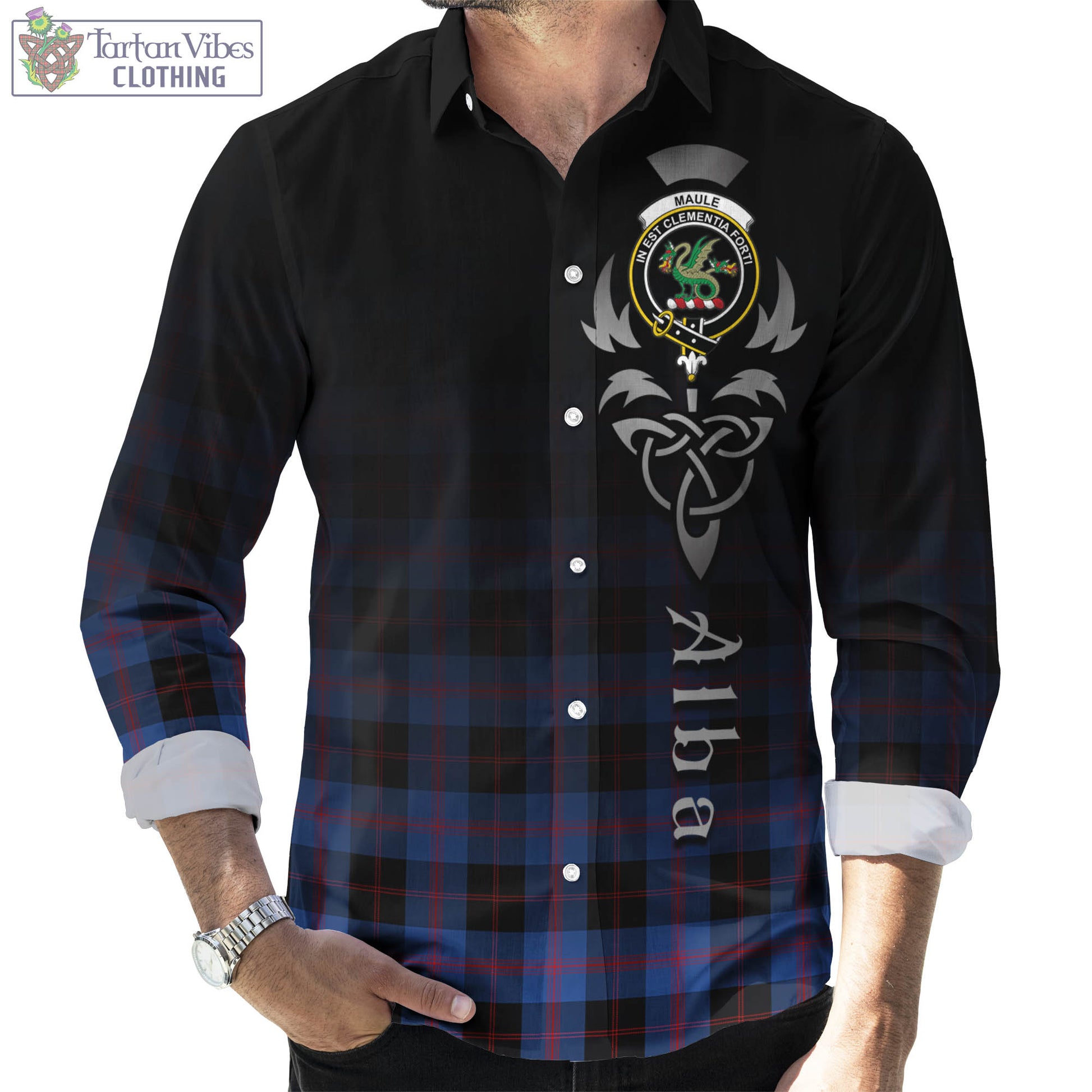 Tartan Vibes Clothing Maule Tartan Long Sleeve Button Up Featuring Alba Gu Brath Family Crest Celtic Inspired