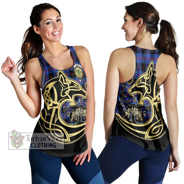 Maule Tartan Women's Racerback Tanks with Family Crest Celtic Wolf Style