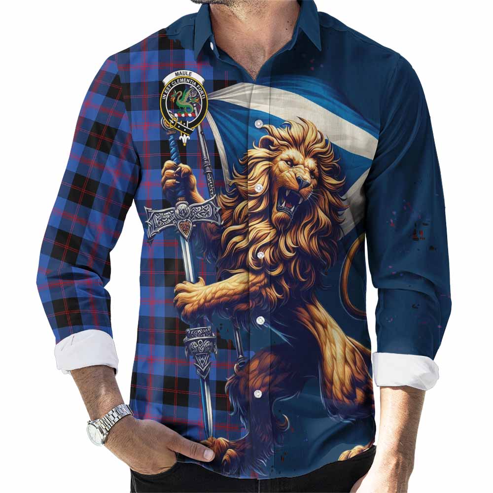 Tartan Vibes Clothing Maule Tartan Family Crest Long Sleeve Button Shirt with Scottish Majestic Lion