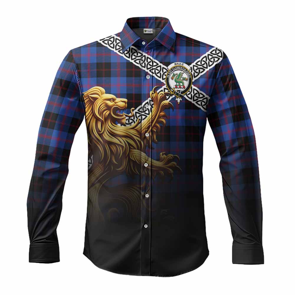 Maule Crest Tartan Long Sleeve Button Shirt with Golden Lion Emblem Celtic Style Men's Shirt S - Tartan Vibes Clothing