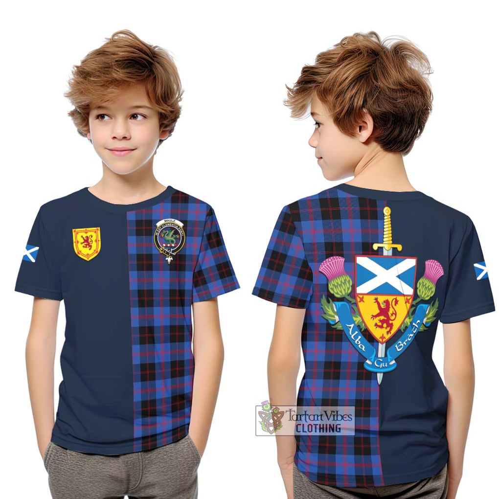 Tartan Vibes Clothing Maule Tartan Kid T-Shirt with Scottish Lion Royal Arm Half Style