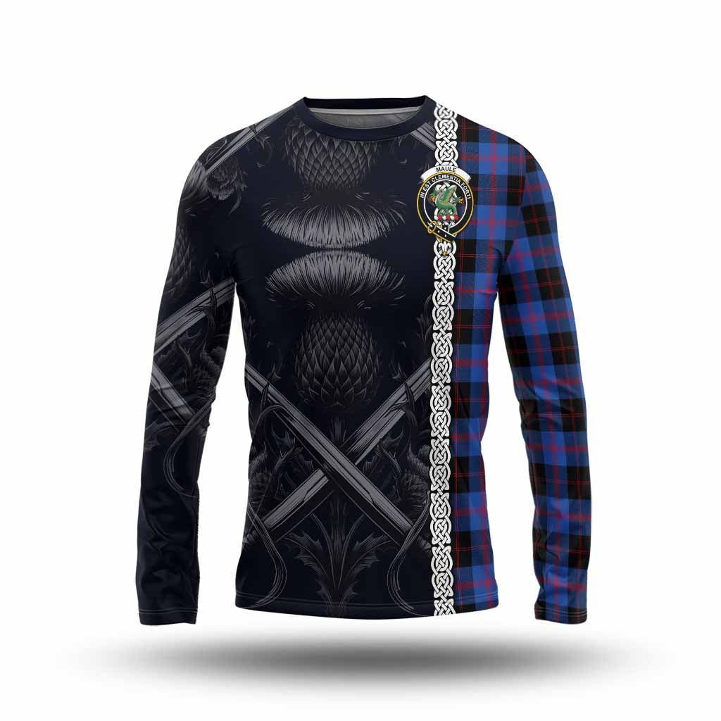 Tartan Vibes Clothing Maule Tartan Long Sleeve T-Shirt with Family Crest Cross Sword Thistle Celtic Vibes