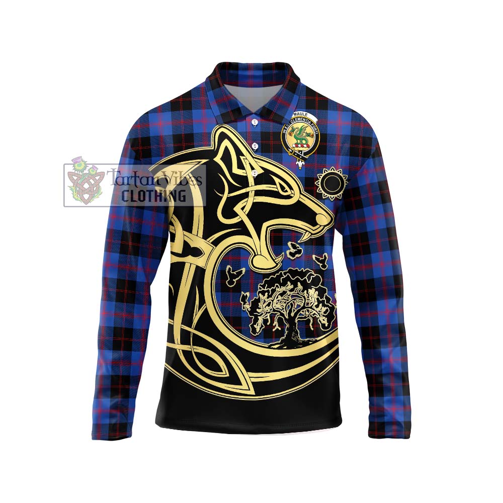 Maule Tartan Long Sleeve Polo Shirt with Family Crest Celtic Wolf Style Unisex - Tartanvibesclothing Shop