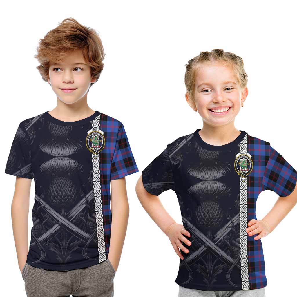 Tartan Vibes Clothing Maule Tartan Kid T-Shirt with Family Crest Cross Sword Thistle Celtic Vibes