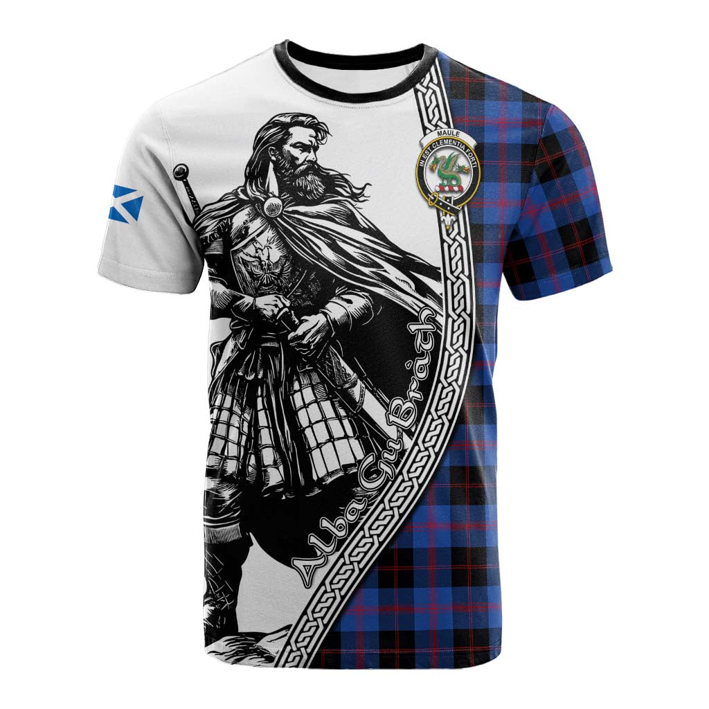 Maule Tartan Clan Crest Cotton T-shirt with Highlander Warrior Celtic Style