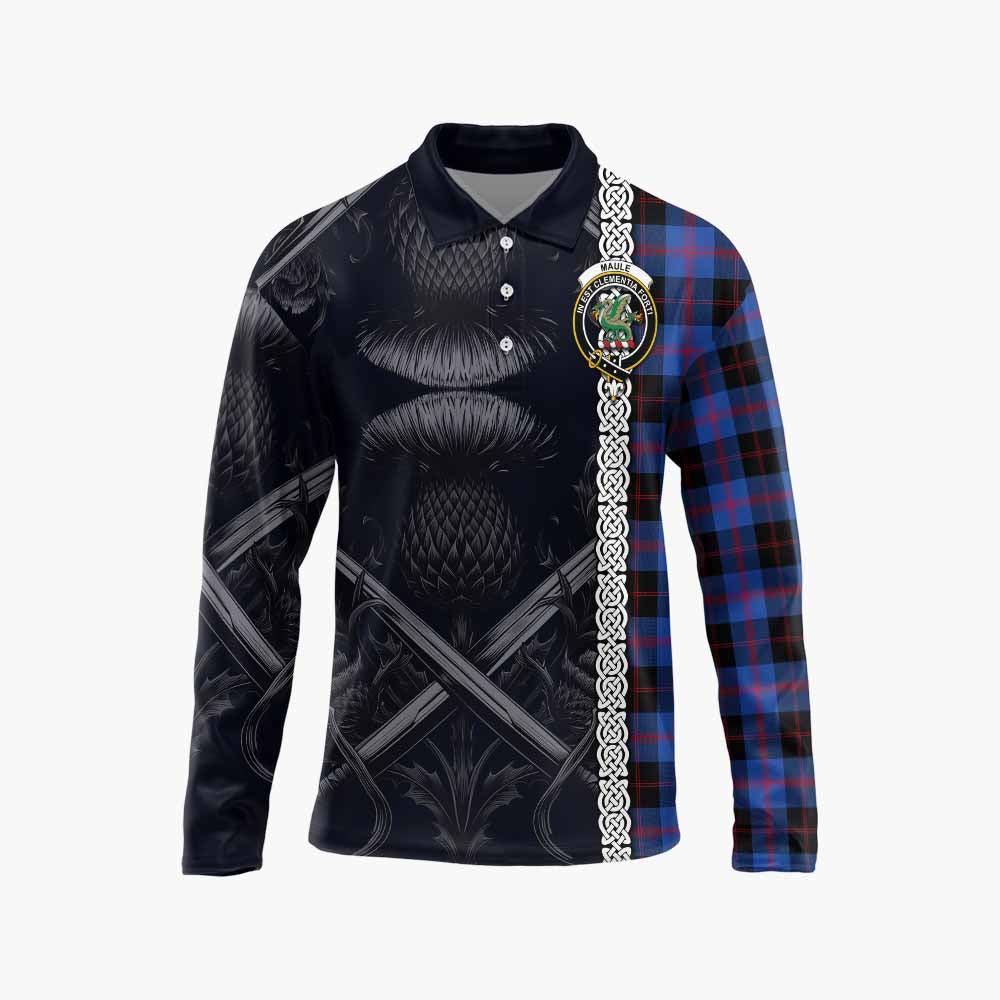 Tartan Vibes Clothing Maule Tartan Long Sleeve Polo Shirt with Family Crest Cross Sword Thistle Celtic Vibes