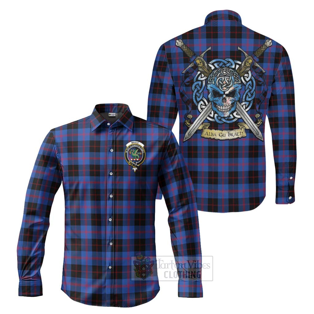 Tartan Vibes Clothing Maule Tartan Long Sleeve Button Shirt with Family Crest Celtic Skull Style