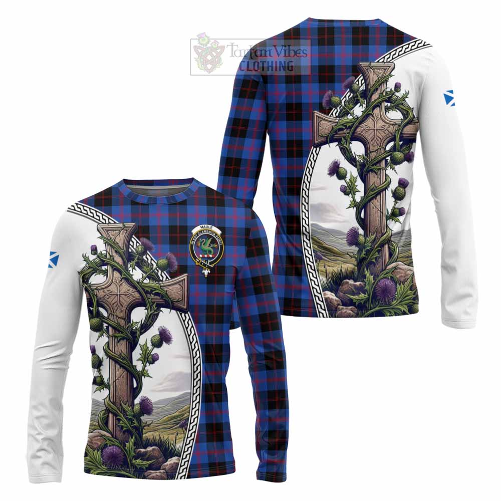 Tartan Vibes Clothing Maule Tartan Long Sleeve T-Shirt with Family Crest and St. Andrew's Cross Accented by Thistle Vines