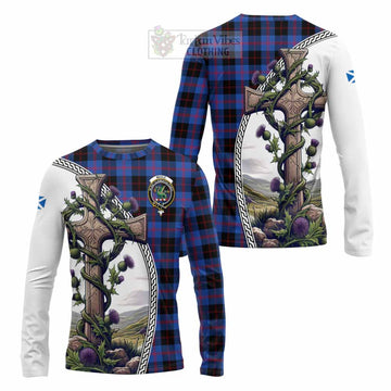 Maule Tartan Long Sleeve T-Shirt with Family Crest and St. Andrew's Cross Accented by Thistle Vines