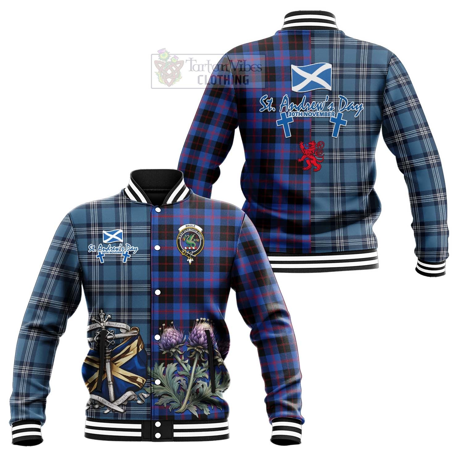 Tartan Vibes Clothing Maule Tartan Baseball Jacket Happy St. Andrew's Day Half Tartan Style