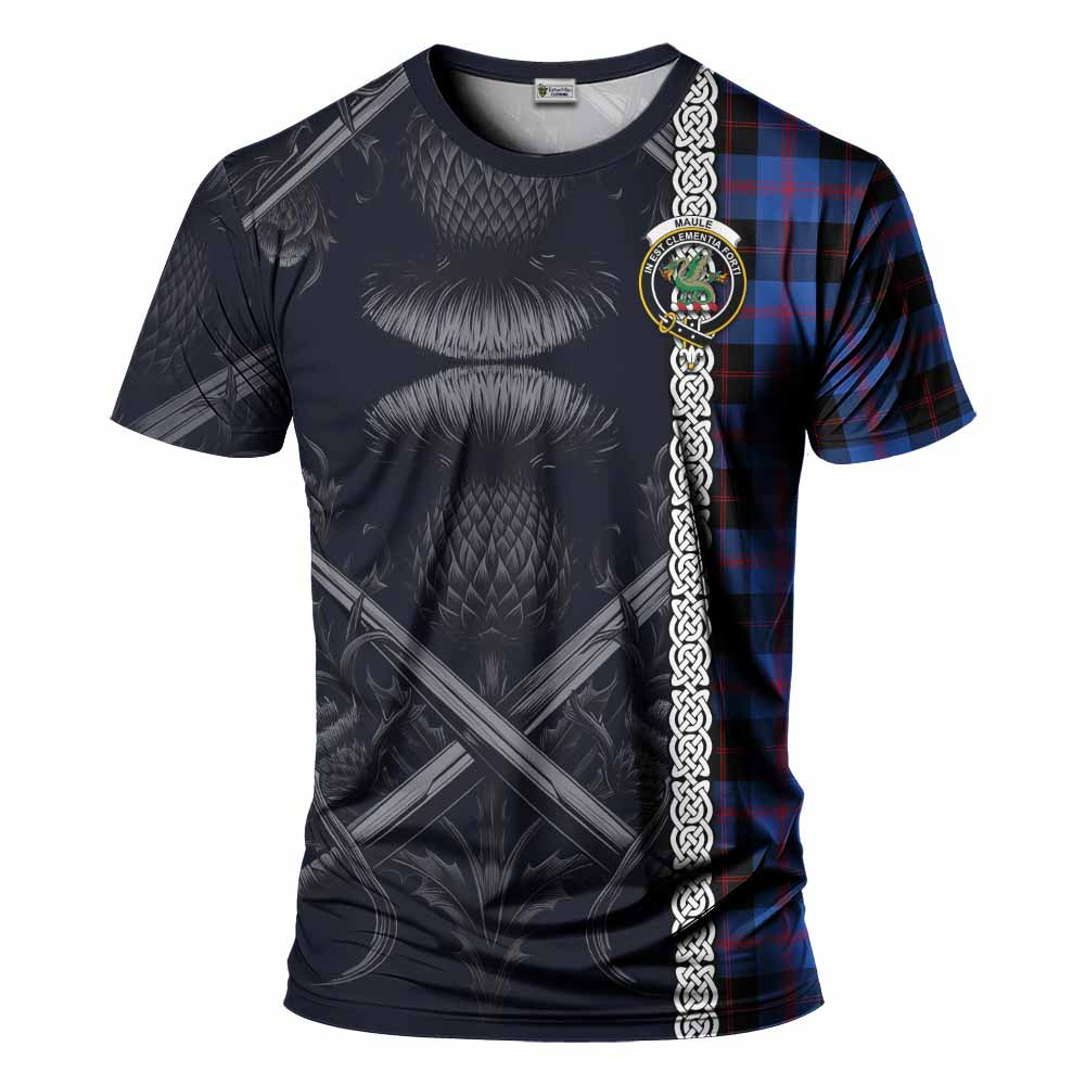 Tartan Vibes Clothing Maule Tartan T-Shirt with Family Crest Cross Sword Thistle Celtic Vibes