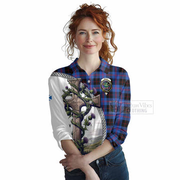 Maule Tartan Women's Casual Shirt with Family Crest and St. Andrew's Cross Accented by Thistle Vines