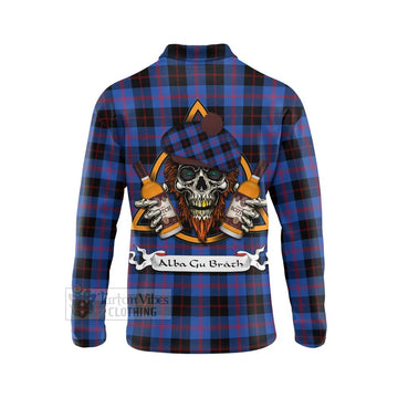 Maule Tartan Long Sleeve Polo Shirt with Family Crest and Bearded Skull Holding Bottles of Whiskey