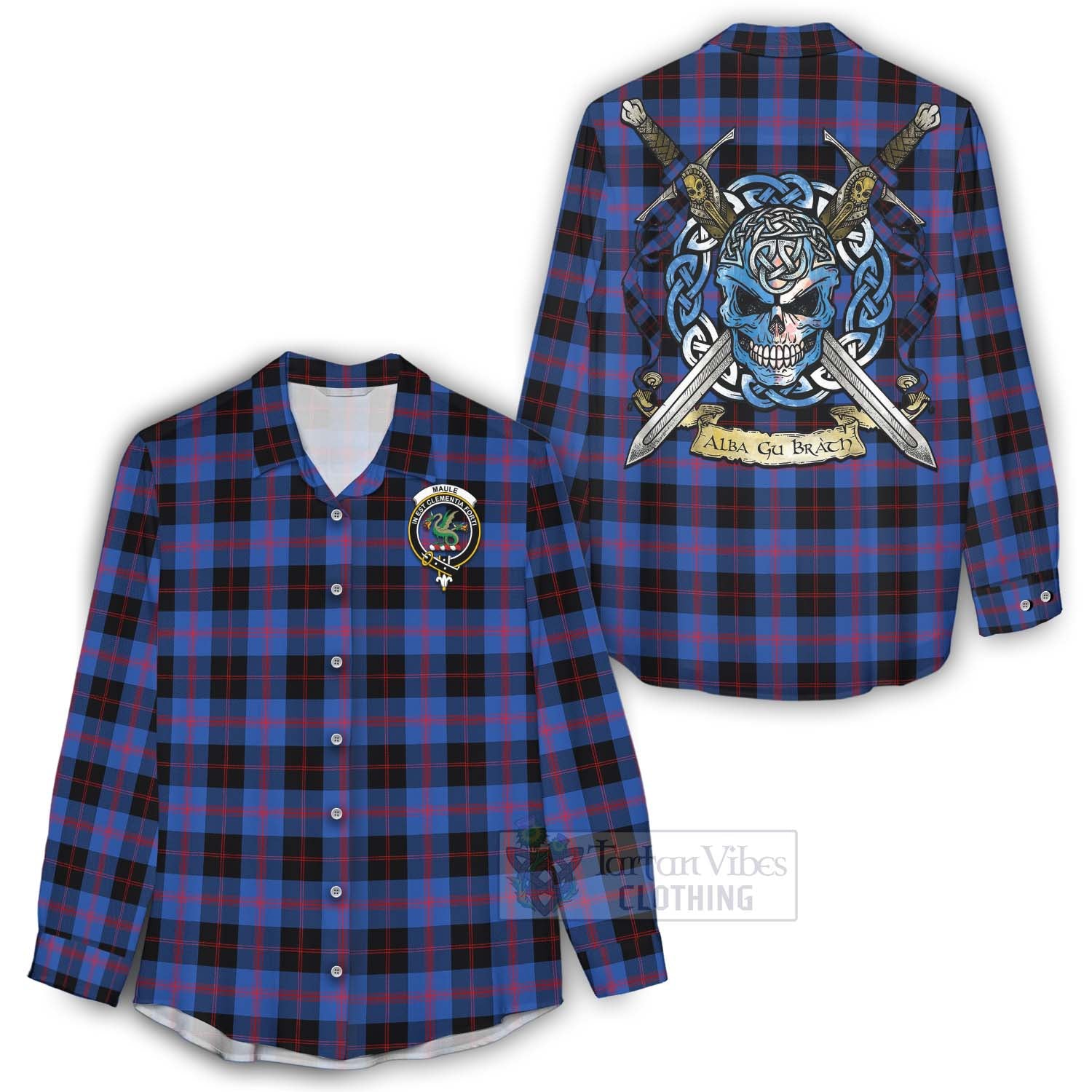 Tartan Vibes Clothing Maule Tartan Women's Casual Shirt with Family Crest Celtic Skull Style