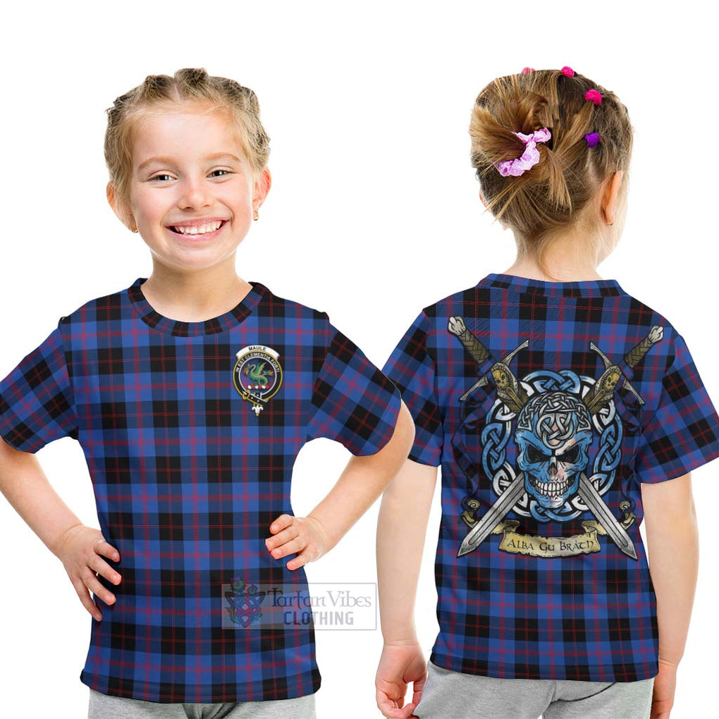 Tartan Vibes Clothing Maule Tartan Kid T-Shirt with Family Crest Celtic Skull Style