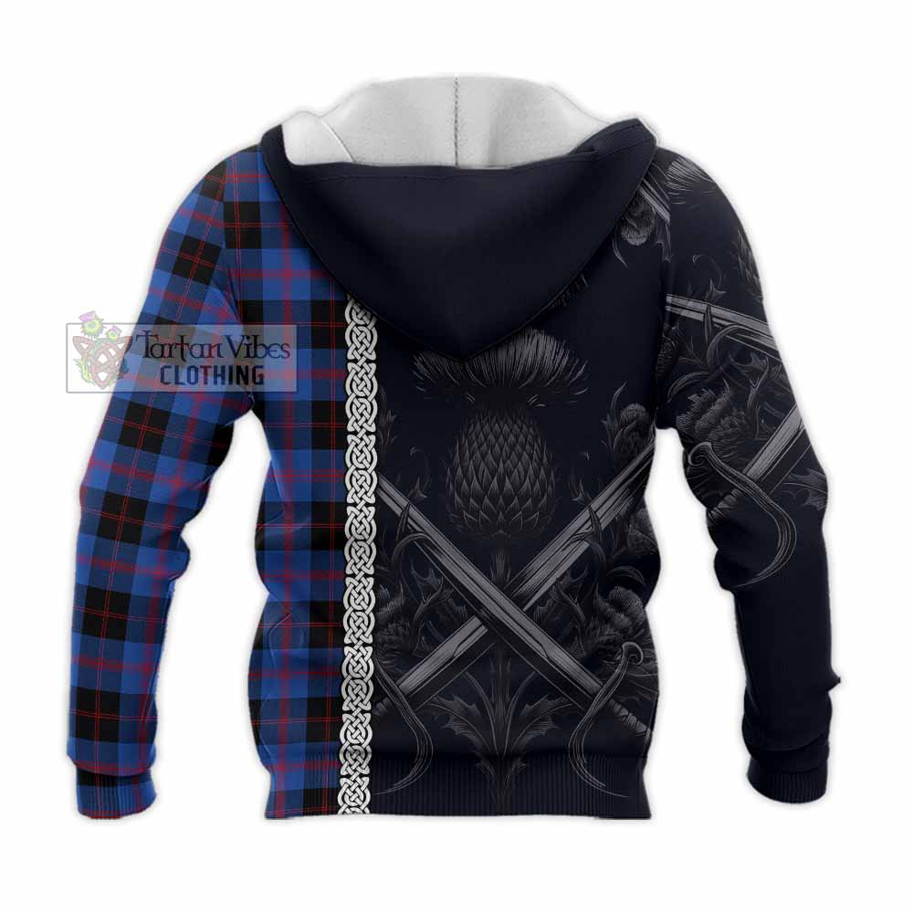 Tartan Vibes Clothing Maule Tartan Knitted Hoodie with Family Crest Cross Sword Thistle Celtic Vibes