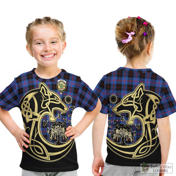 Maule Tartan Kid T-Shirt with Family Crest Celtic Wolf Style