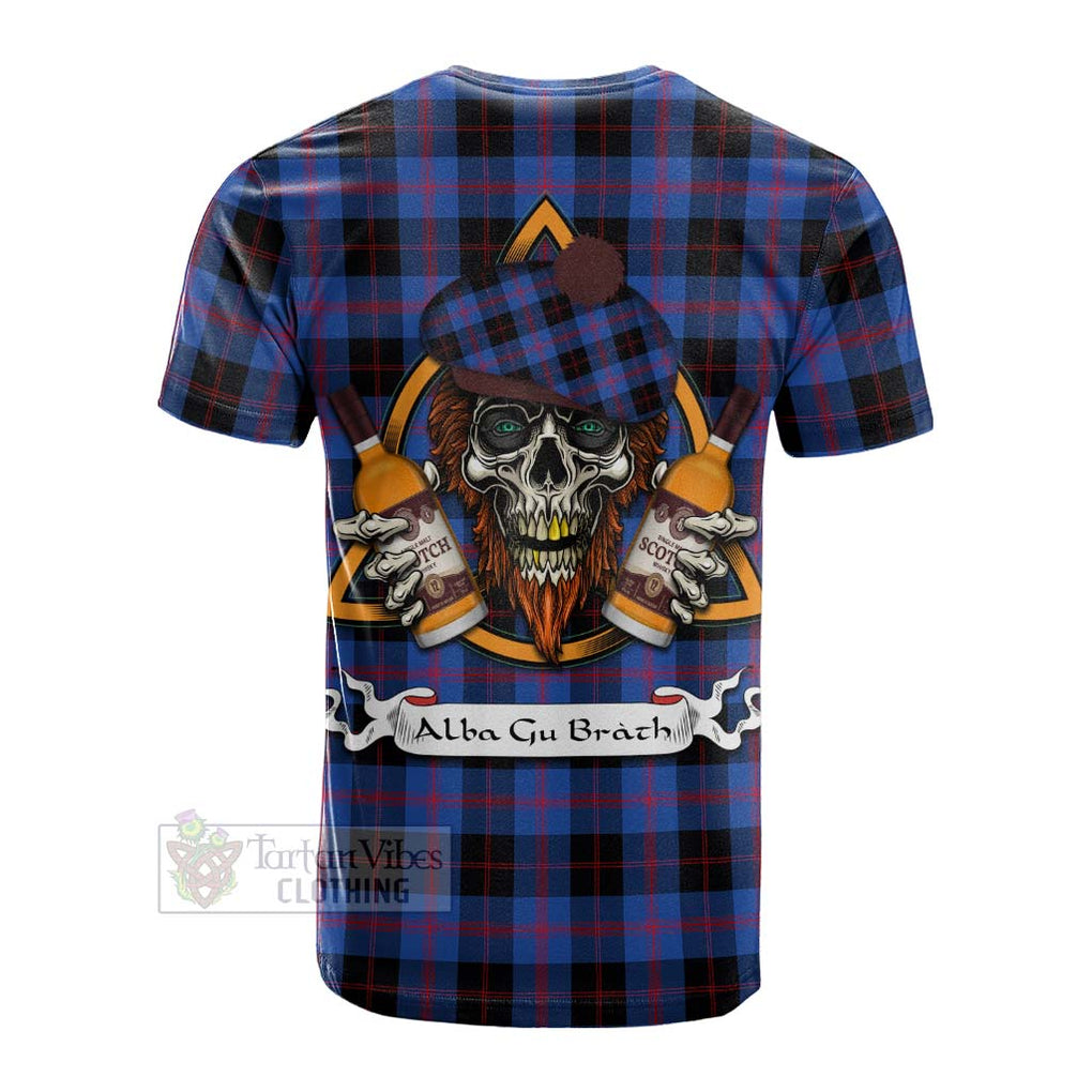 Tartan Vibes Clothing Maule Tartan Cotton T-shirt with Family Crest and Bearded Skull Holding Bottles of Whiskey