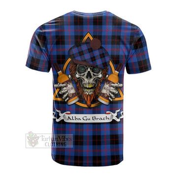 Maule Tartan Cotton T-shirt with Family Crest and Bearded Skull Holding Bottles of Whiskey