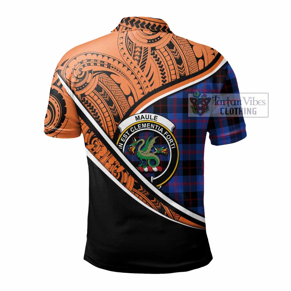 Tartan Vibes Clothing Maule Crest Tartan Polo Shirt with Maori Tattoo Style - Orange Version