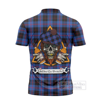 Maule Tartan Zipper Polo Shirt with Family Crest and Bearded Skull Holding Bottles of Whiskey