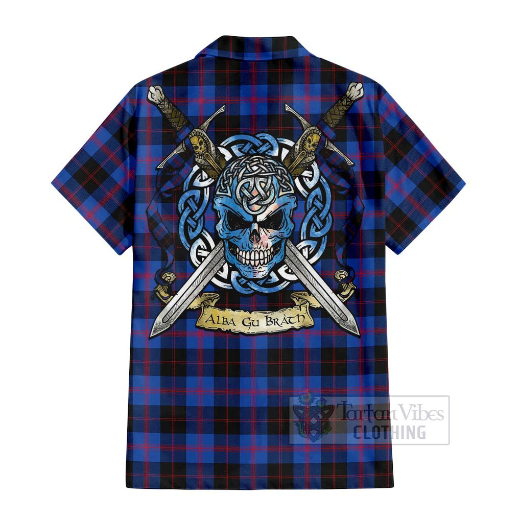 Tartan Vibes Clothing Maule Tartan Short Sleeve Button Shirt with Family Crest Celtic Skull Style