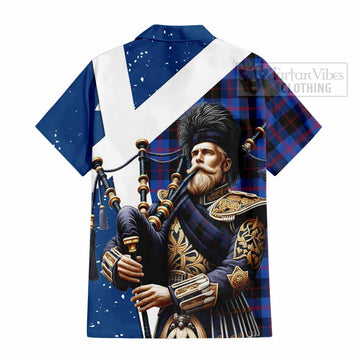 Maule Tartan Short Sleeve Button Shirt with Family Crest Scottish Bagpiper Vibes