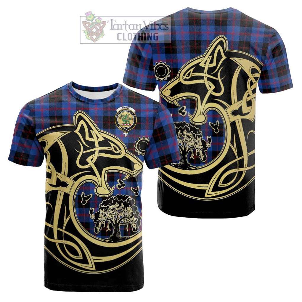 Tartan Vibes Clothing Maule Tartan Cotton T-shirt with Family Crest Celtic Wolf Style