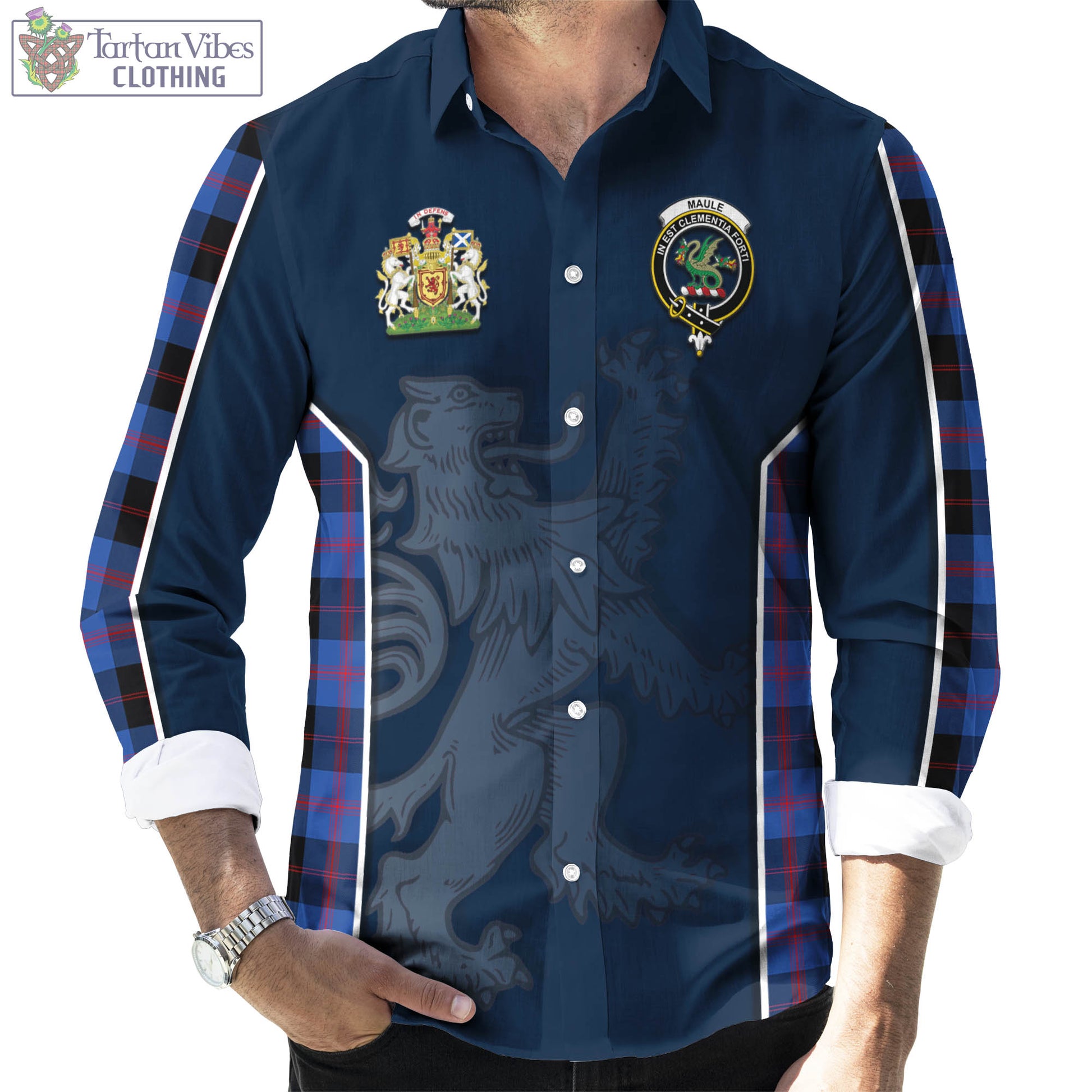 Tartan Vibes Clothing Maule Tartan Long Sleeve Button Up Shirt with Family Crest and Lion Rampant Vibes Sport Style