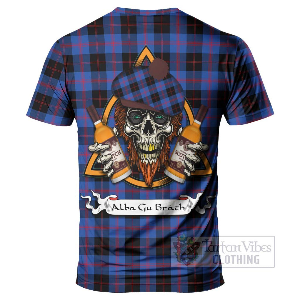 Tartan Vibes Clothing Maule Tartan T-Shirt with Family Crest and Bearded Skull Holding Bottles of Whiskey