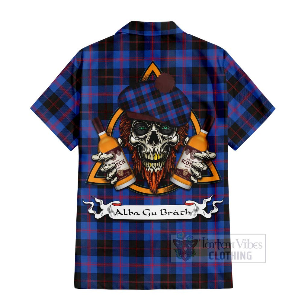 Tartan Vibes Clothing Maule Tartan Short Sleeve Button Shirt with Family Crest and Bearded Skull Holding Bottles of Whiskey