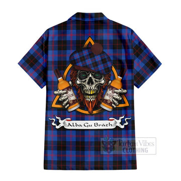 Maule Tartan Short Sleeve Button Shirt with Family Crest and Bearded Skull Holding Bottles of Whiskey