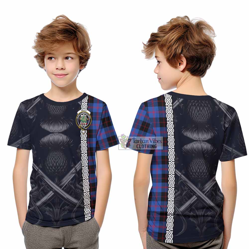 Tartan Vibes Clothing Maule Tartan Kid T-Shirt with Family Crest Cross Sword Thistle Celtic Vibes