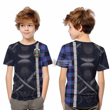 Maule Tartan Kid T-Shirt with Family Crest Cross Sword Thistle Celtic Vibes