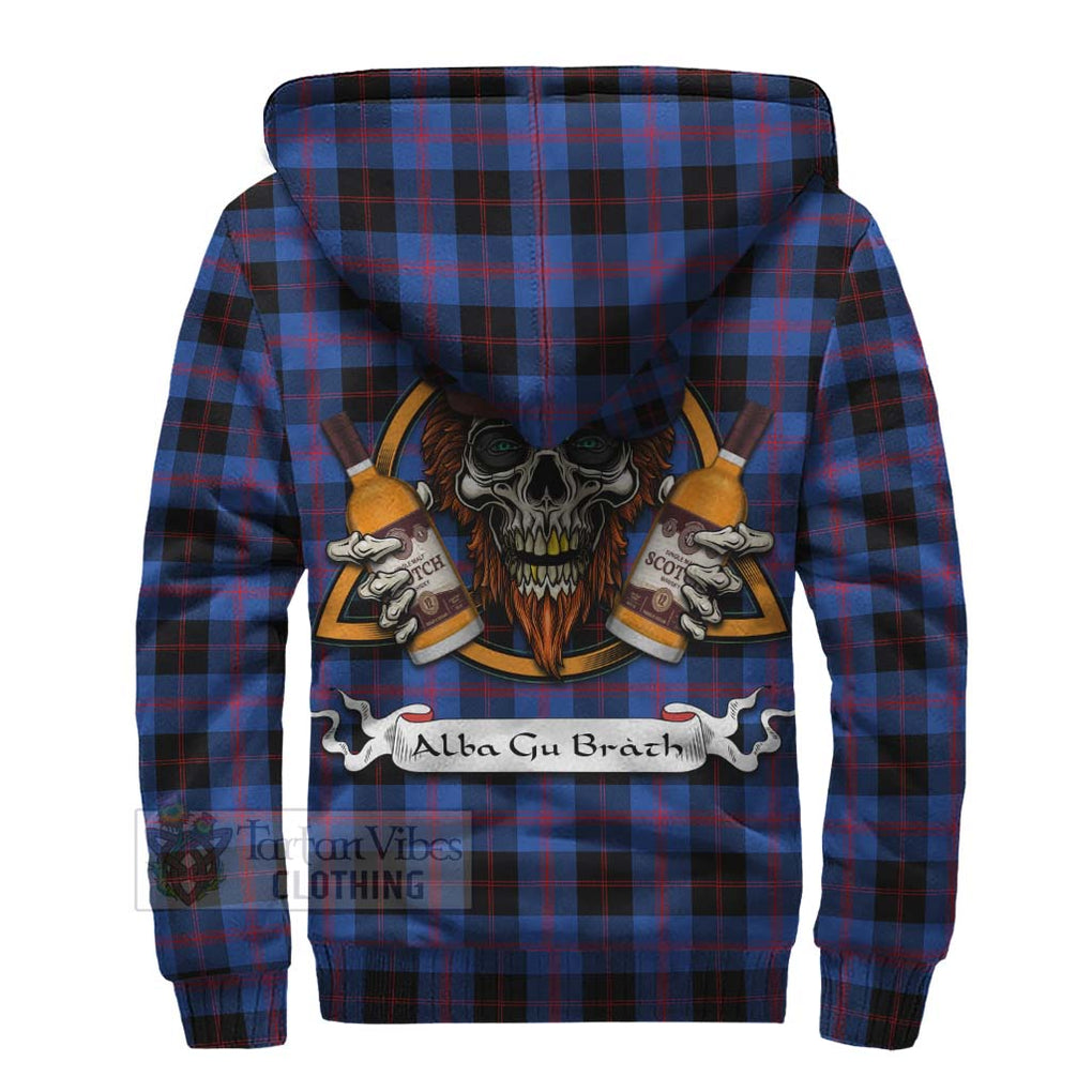 Tartan Vibes Clothing Maule Tartan Sherpa Hoodie with Family Crest and Bearded Skull Holding Bottles of Whiskey